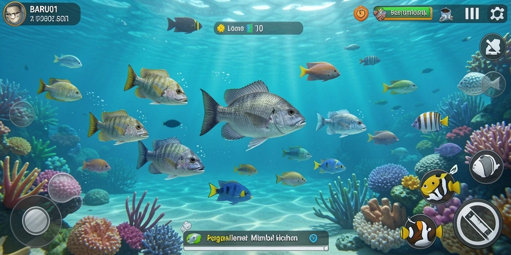 Tampilan gameplay seru BARU01 saat menembak ikan.