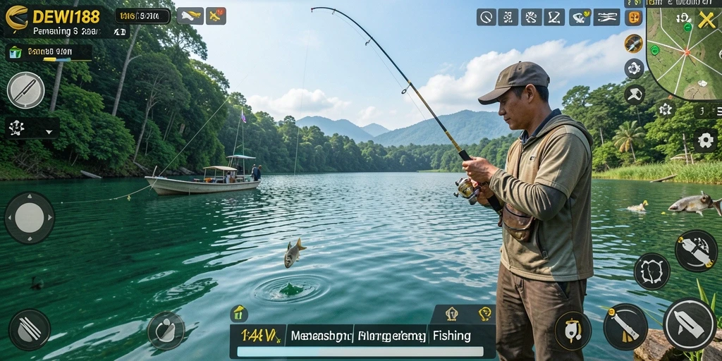 Screenshot gameplay DEWI188 menampilkan aksi memancing yang seru.