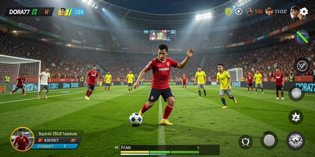 Screenshot DORA77 menampilkan aksi seru dalam pertandingan sepak bola.