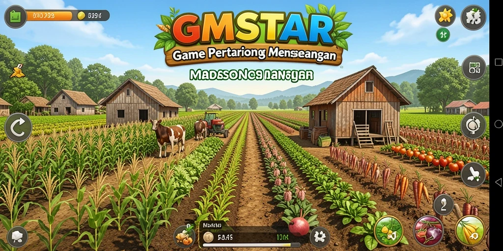 Screenshot utama GMSTAR menampilkan gameplay pertanian yang seru dan interaktif.