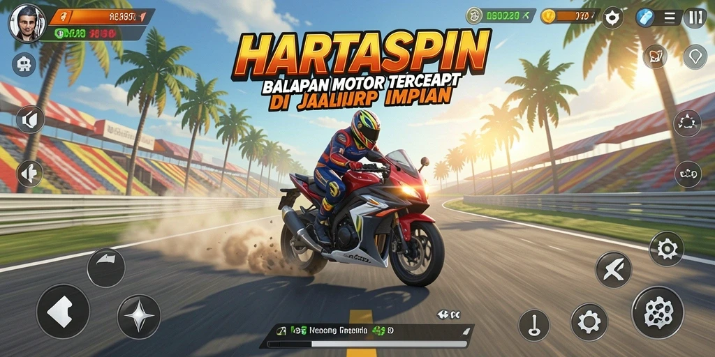 Screenshot HARTASPIN menampilkan aksi balapan motor yang mendebarkan.