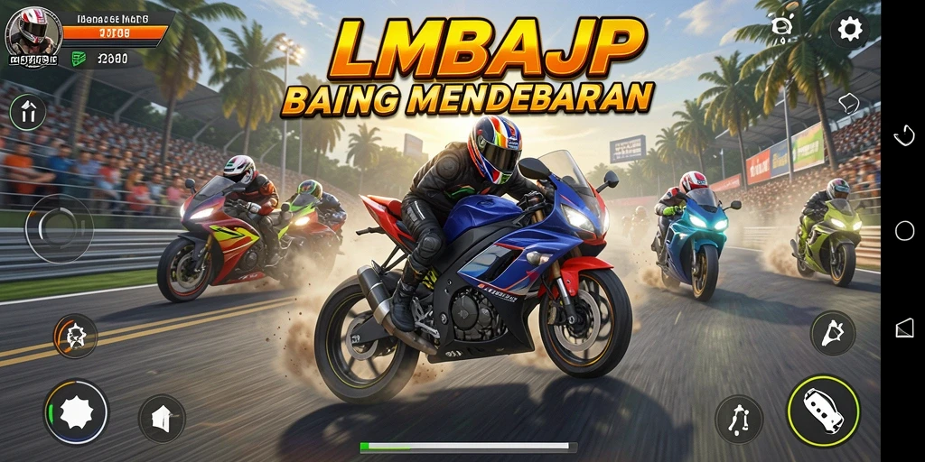 Screenshot utama LMBAJP menampilkan aksi balapan motor yang mendebarkan.