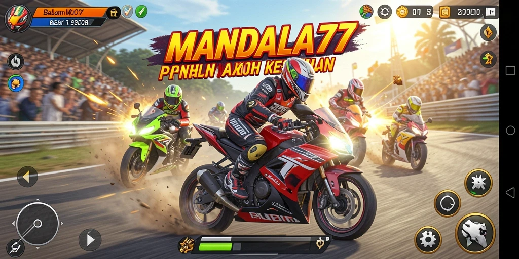 Gameplay seru MANDALA77 dengan balapan motor yang mendebarkan.