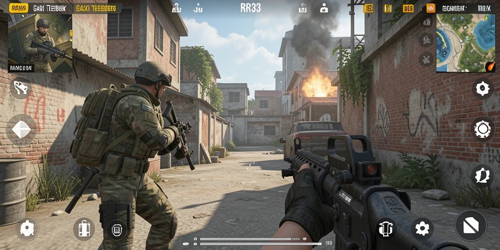 Tangkapan layar gameplay RR33 menunjukkan aksi tembak-menembak yang intens.