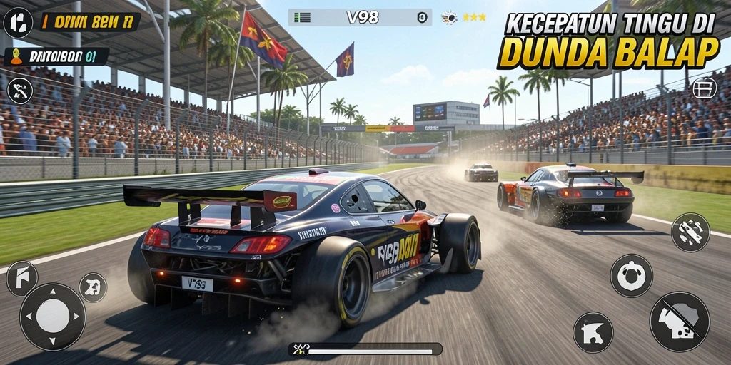 Gameplay V98 dengan mobil balap di sirkuit yang menantang.